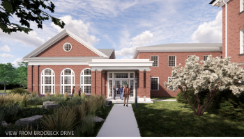 A rendering of the exterior of the Hodson Science and Technology Center expansion, as seen from Brodbeck Dr 