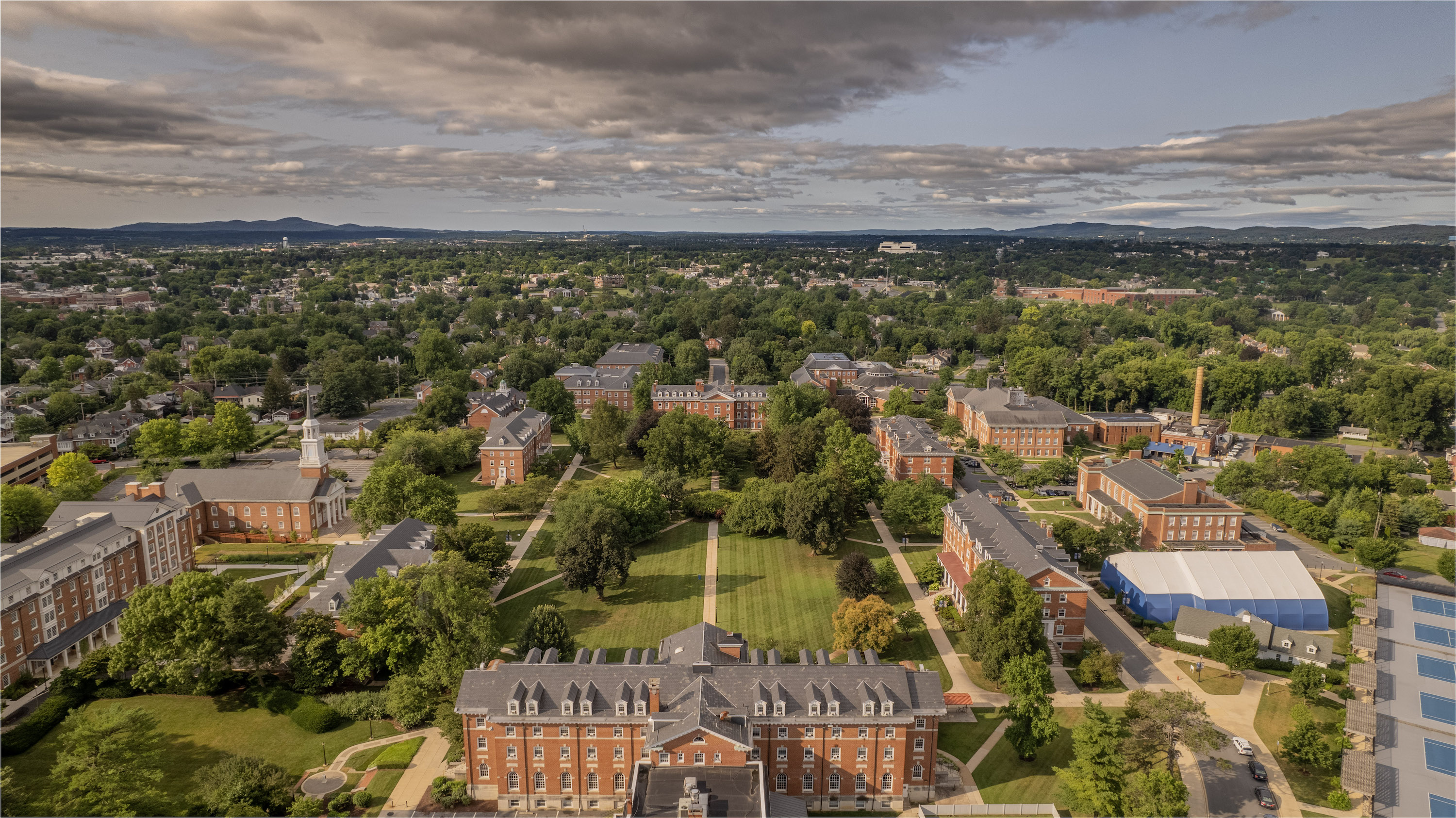 A drone shot of the Hood College Quadrangle from behind Coblentz Hall