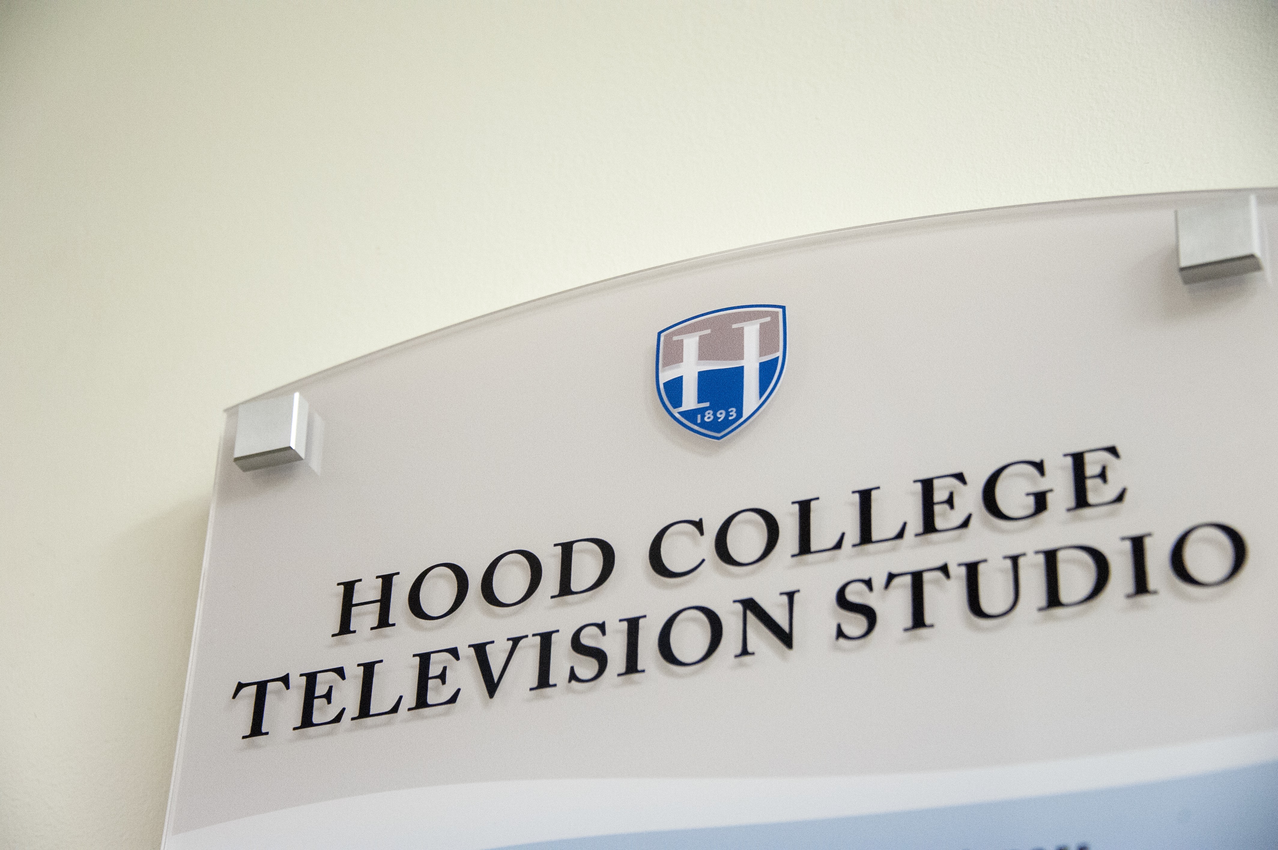 A sign designating the Hood College Television Studio within Rosenstock Hall.