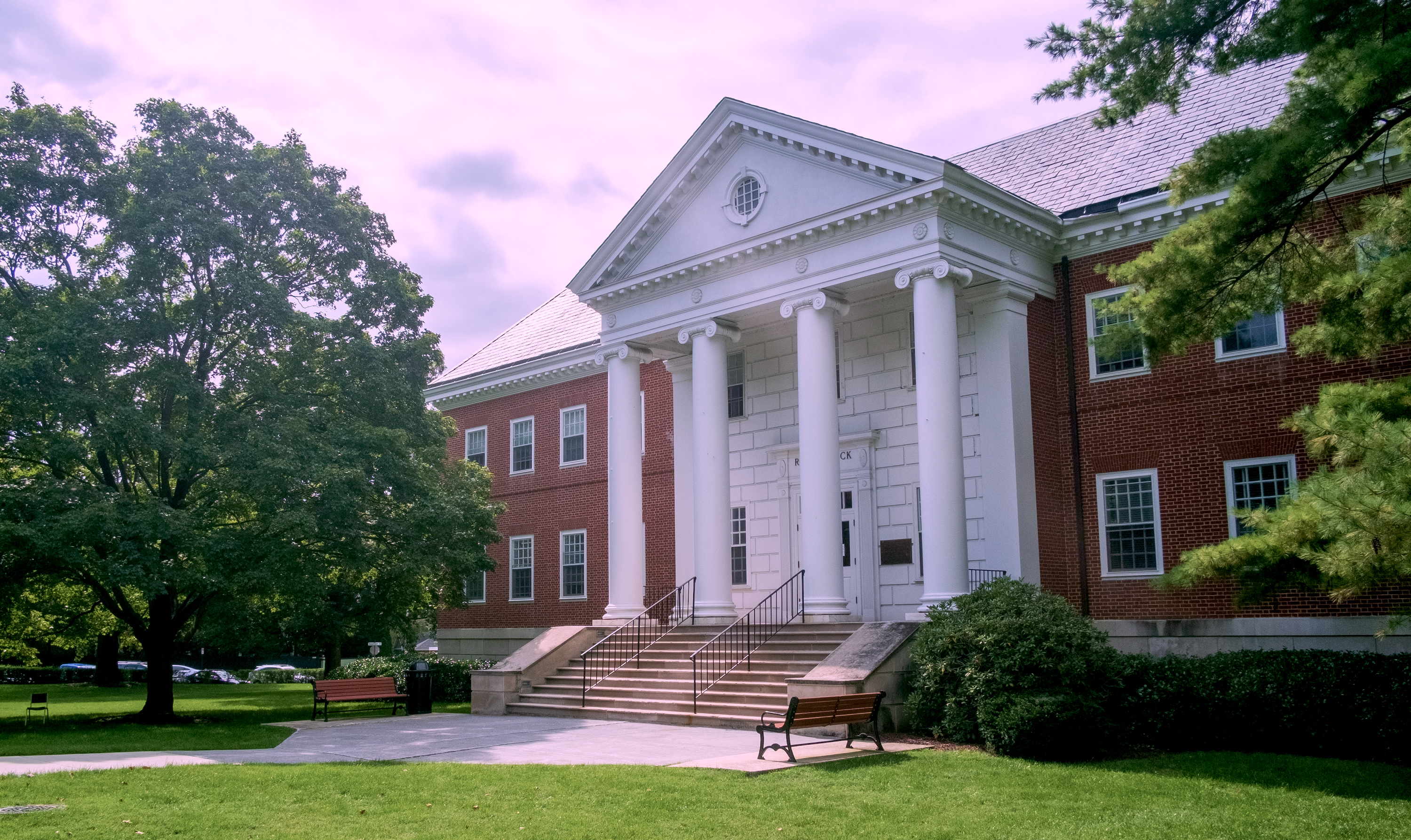 The front entrance of Rosenstock Hall, home to the George B. Delaplaine School of Business