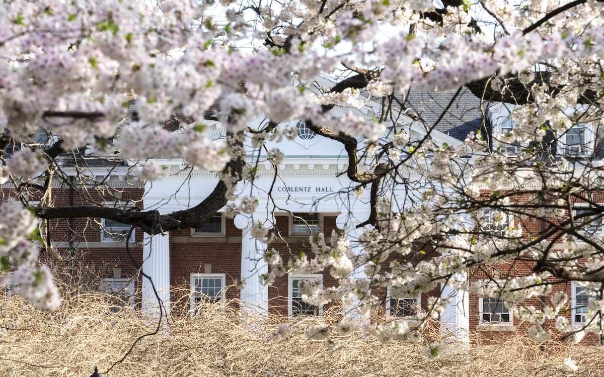 Hood College's residential quadrangle during spring 2025