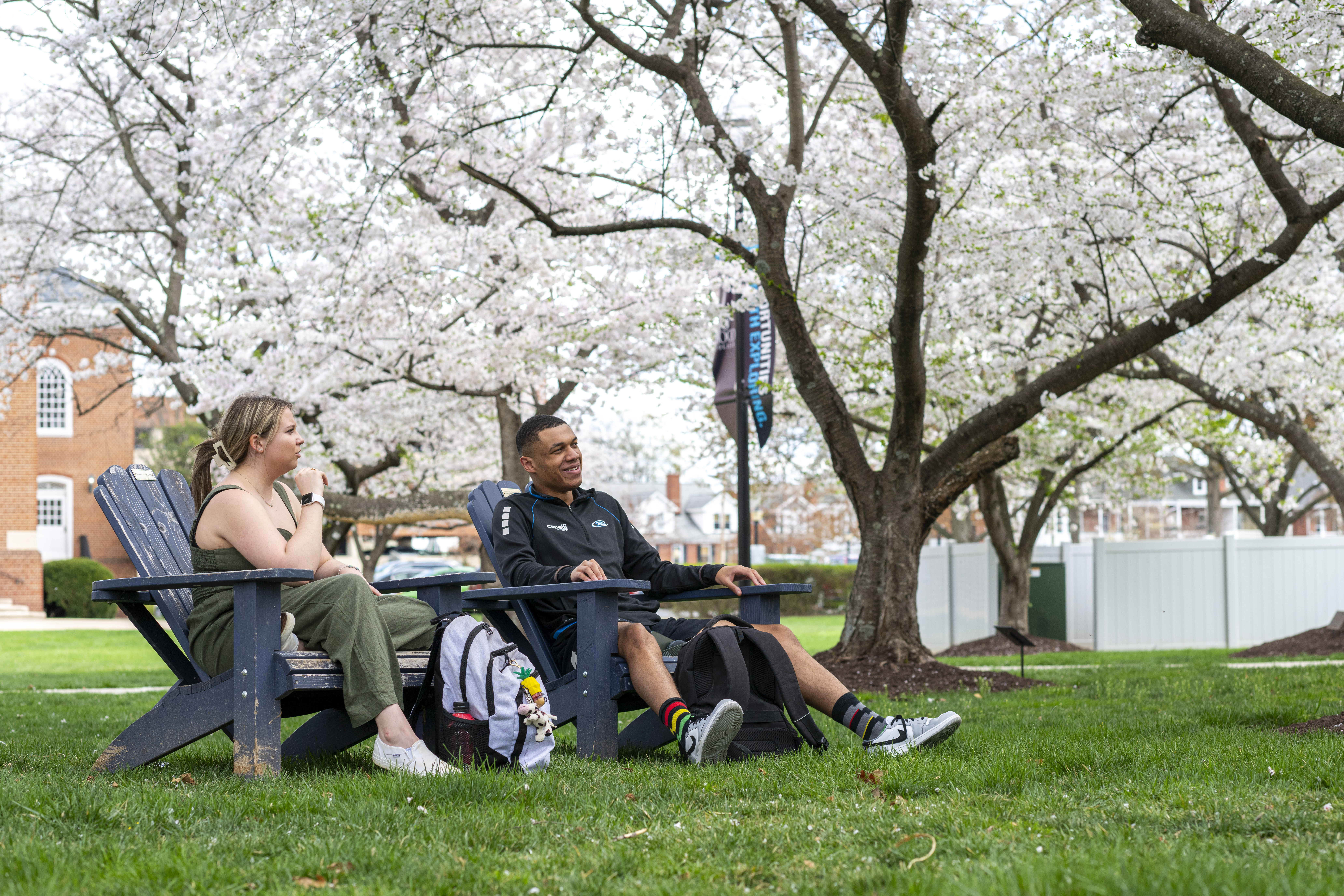 Students interacting in chairs on the quad of hood college.