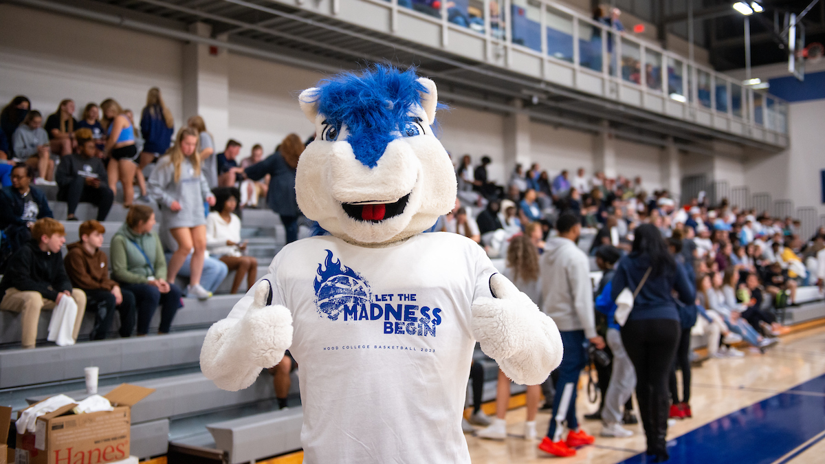 Hood College's mascot, Blaze, joining the crowd in support in Blazer basketball