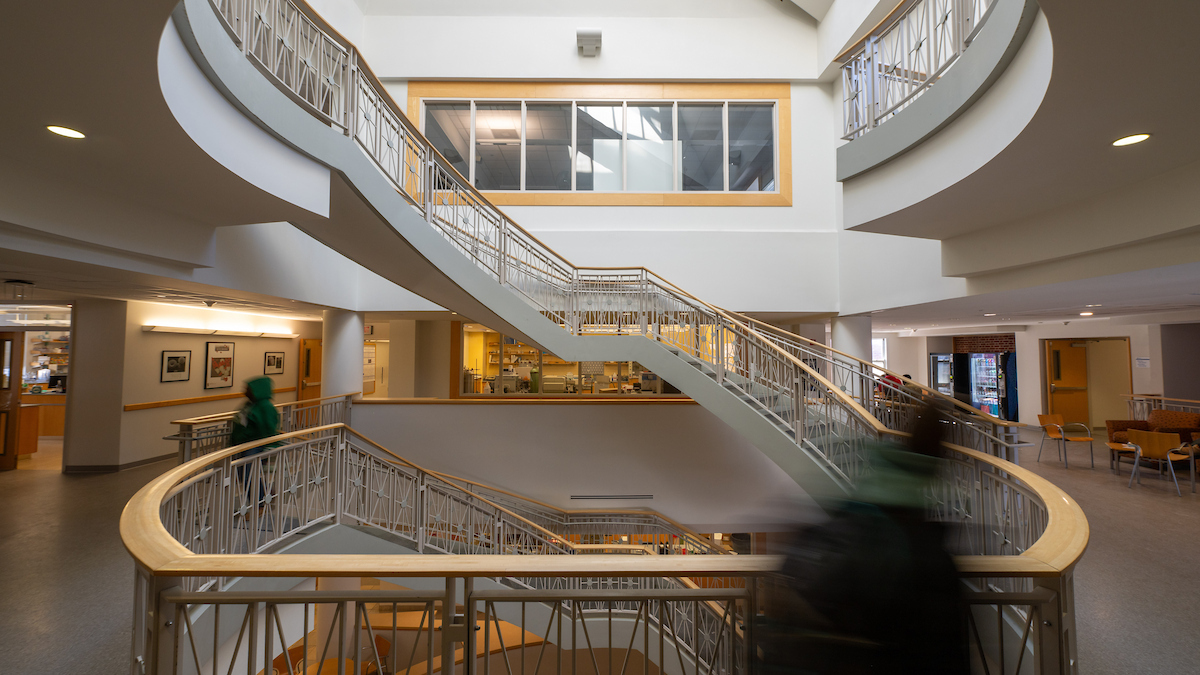 The interior of the Hodson Science and Technology Center showing the double helix spiral staircase