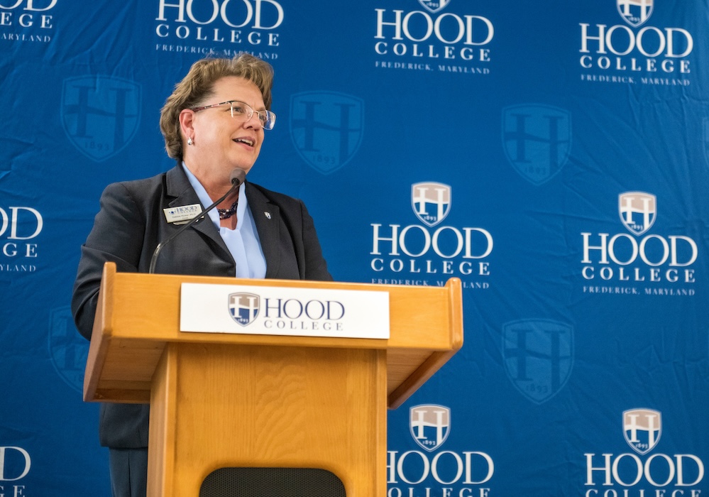 President Debbie Ricker, Ph.D., speaking at an event at Hood College