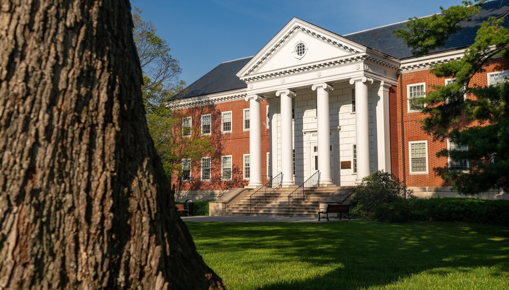 The exterior of Rosenstock hall, home to the Delaplaine Business School and Communication Arts program