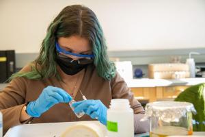 A hood college student working in a lab, holding a test tube