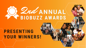 BioBuzz graphic with photos of winners placed inside hexagons