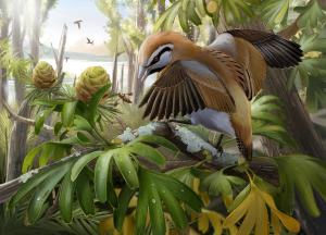 An illustration of Brevirostruavis macrohyoideus sitting in a jungle
