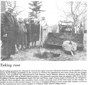 Photo of several Hood College Presidents and relatives at ceremonial tree planting