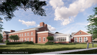 An exterior rendering of the Hodson Science and Technology Center (view from Evergreen Ave.)