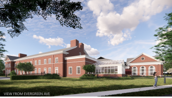 A rendering of the exterior of the Hodson Science and Technology Center expansion, as seen from Evergreen Ave