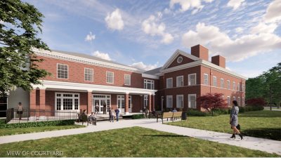 An exterior rendering of the Hodson Science and Technology Center (view of Courtyard)