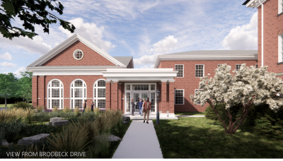 An exterior rendering of the Hodson Science and Technology Center (view from Brodbeck Dr.)