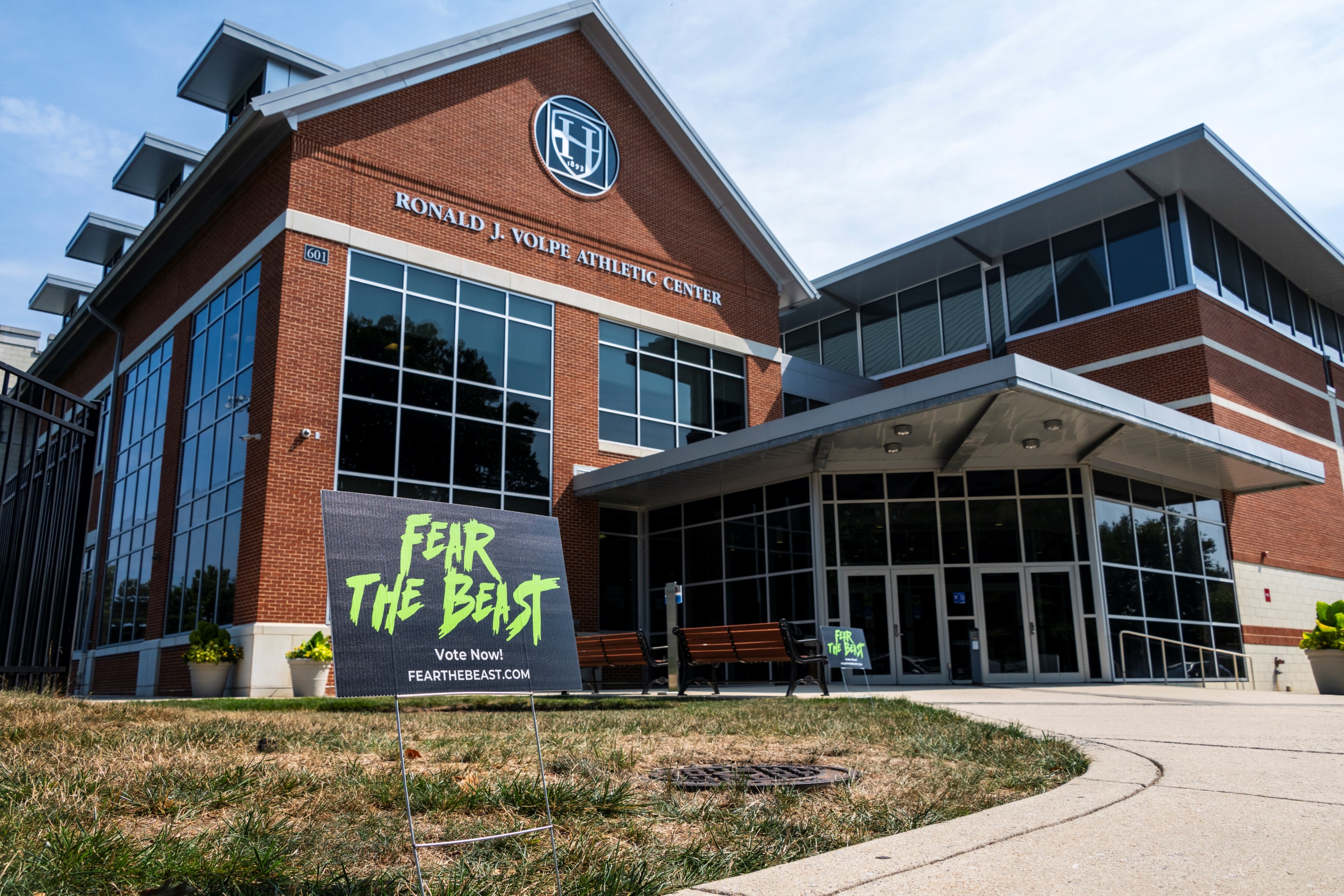 A "Fear The Beast" sign sits outside of the Volpe Athletic Center, home of the newly established Frederick TBL franchise