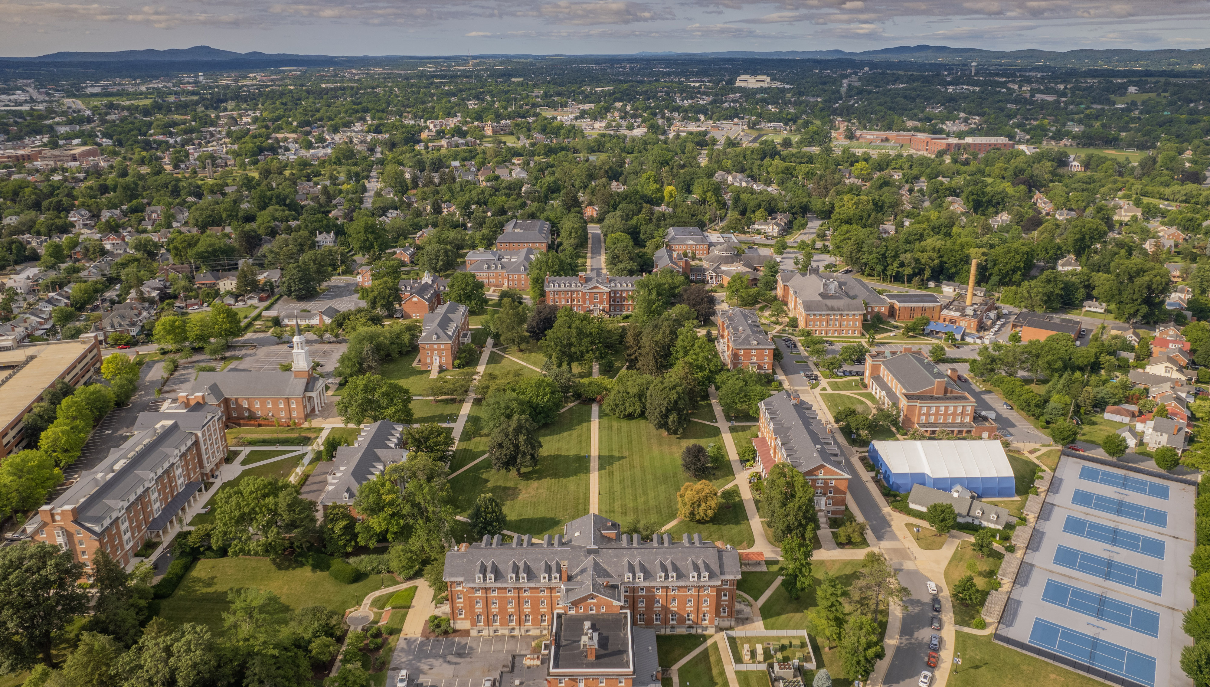 An aerial photograph of Hood College's campus taken during a sunny, summer day