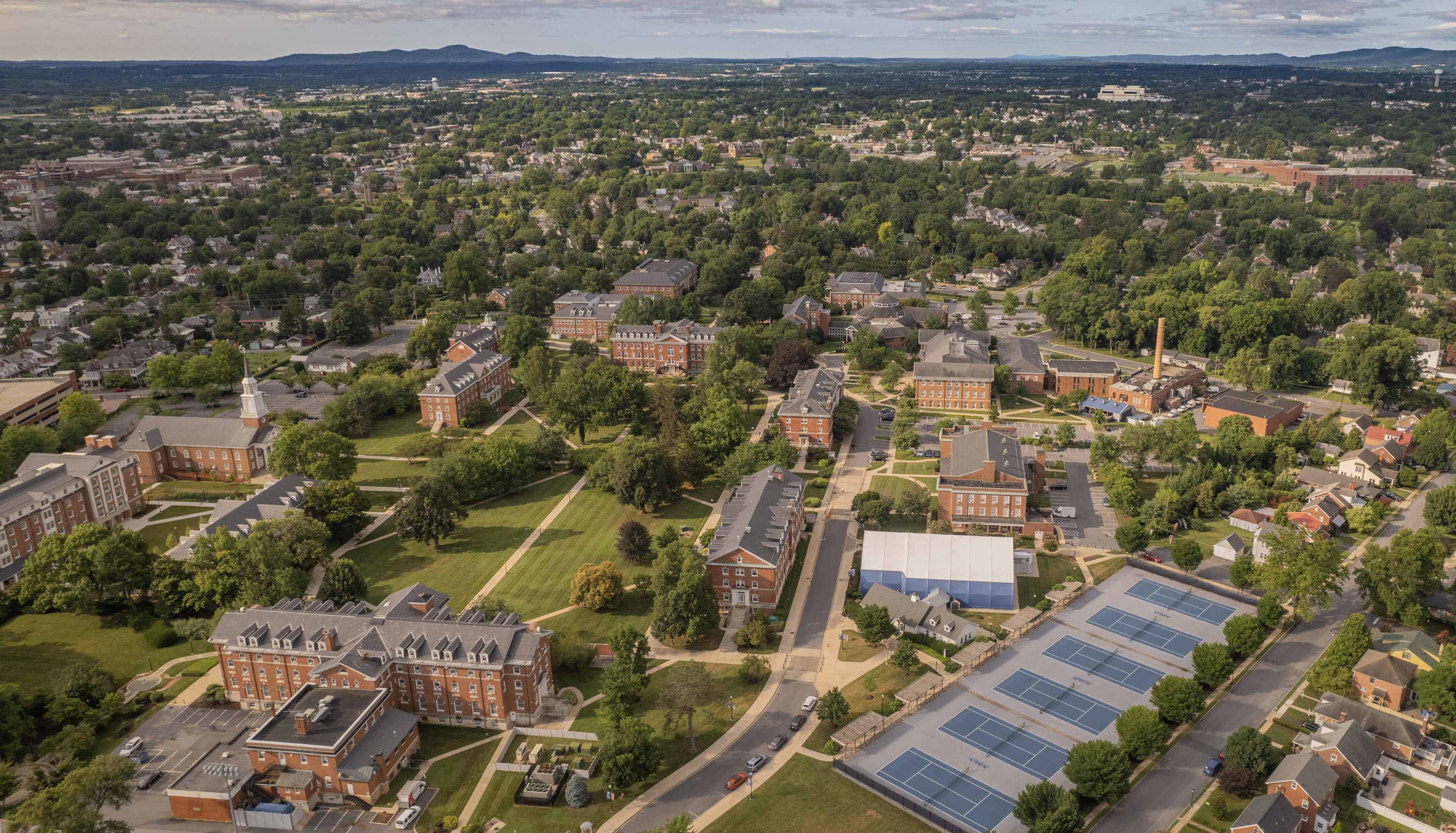 A drone photo of Hood's campus facing the residential quad from the north.