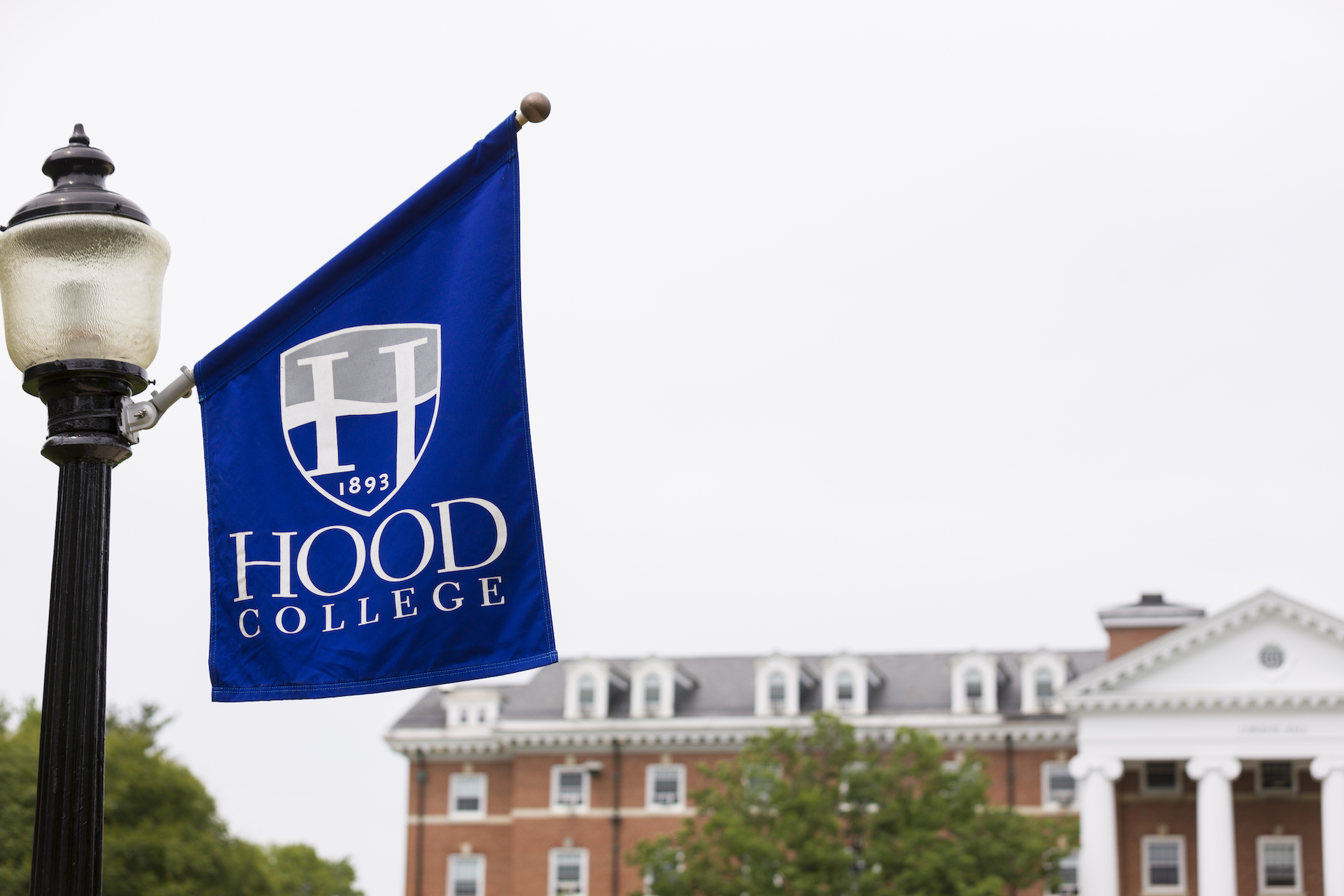 A blue flag bearing the hood college shield hangs above coblentz hall