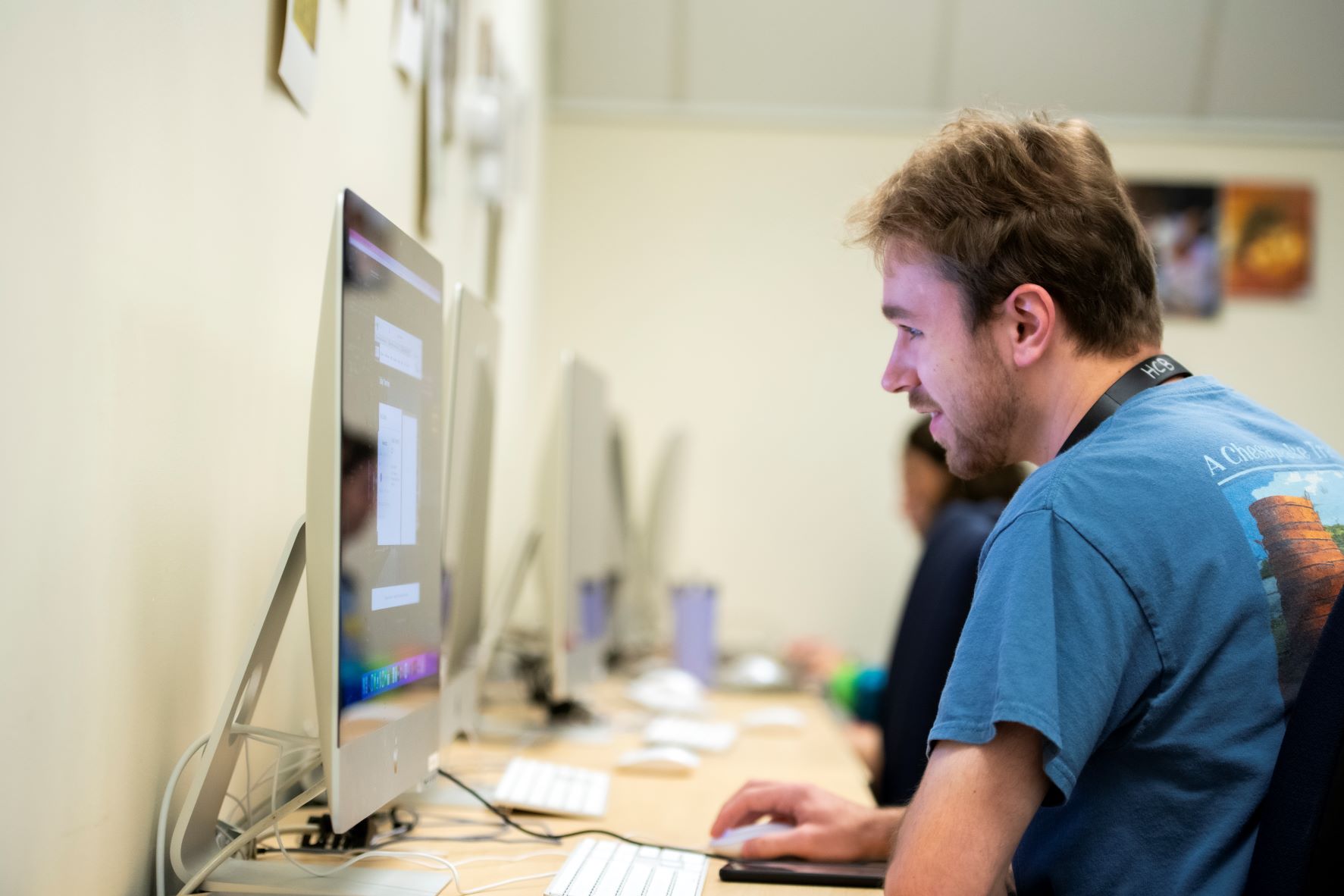 A Hood College student works within the Delaplaine Foundation Inc. Multimedia Center