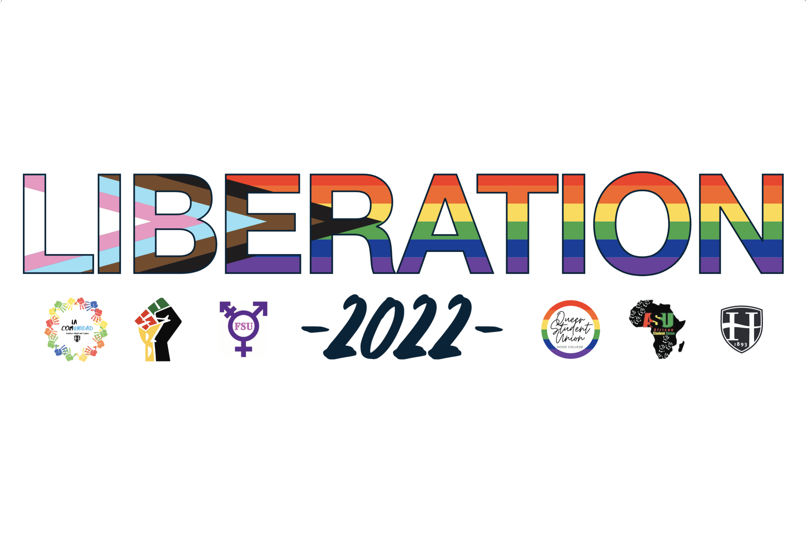 The liberation 2022 banner, featuring the word "Liberation" filled in by a L-G-B-T-Q flag, with logos of student clubs below