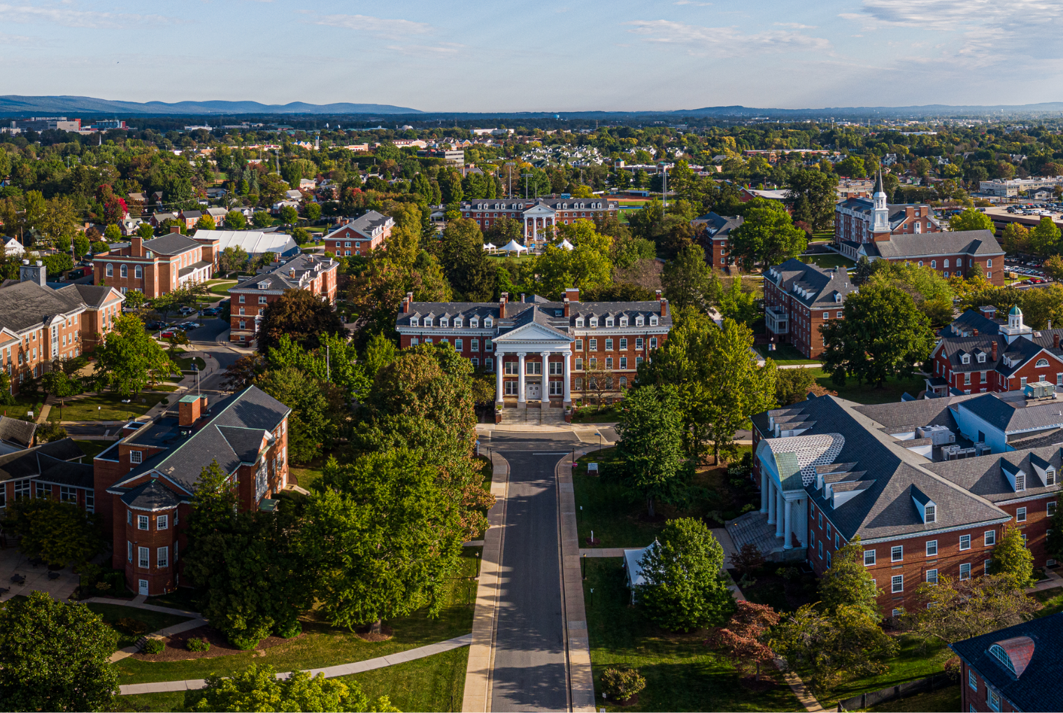 A aerial view of the Hood College campus, with Alumnae Hall in the center of it all