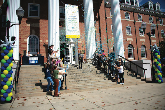 President Chapdelaine and students at the Forging the Future campus celebration.