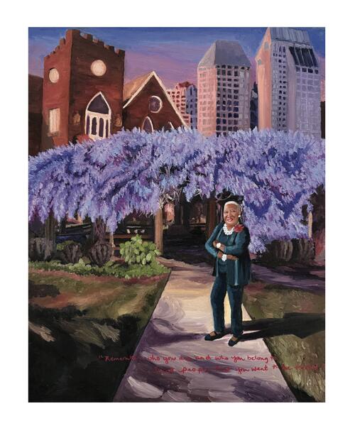 A portrait of Olivia White standing in front of Hood's Pergola