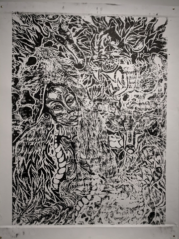 Claudia Tisdale, Queen of the Animals: Print, 2019. Woodcut on paper. 