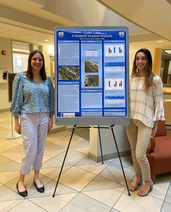 Katie Valla and coastal cohortmate, Shane Simms, share a poster detailing their small group's contribution to the Coastal Studies practicum course which developed a Wetlands Management Plan for Culler Lake.