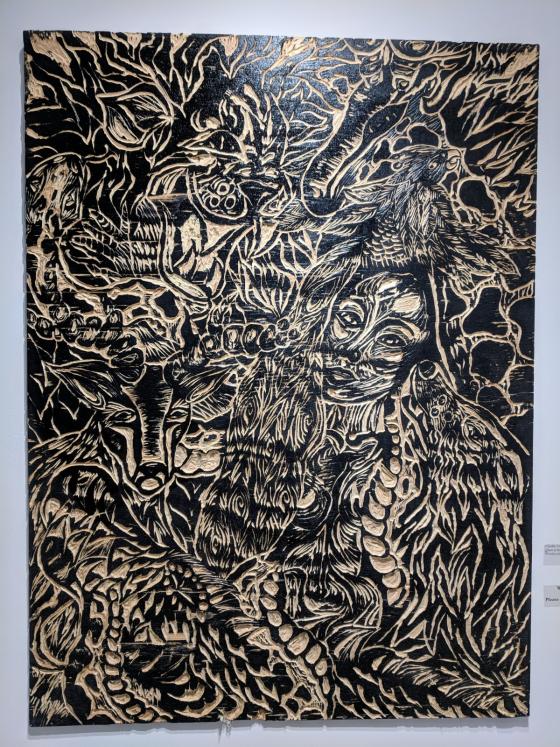 Claudia Tisdale, Queen of the Animals, 2019. Woodcut plate. 