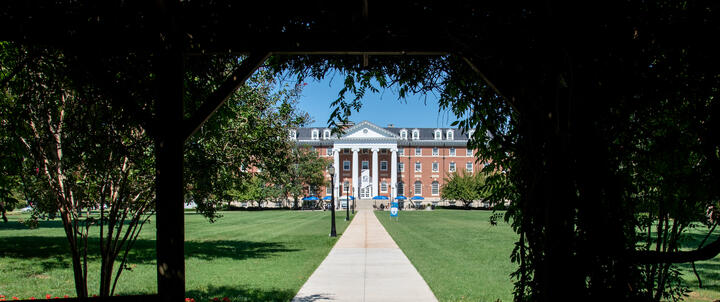 Coblentz Hall as seen through the Pergola.