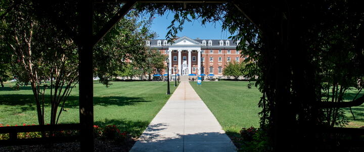 A view of Coblentz Hall from the Pergola.