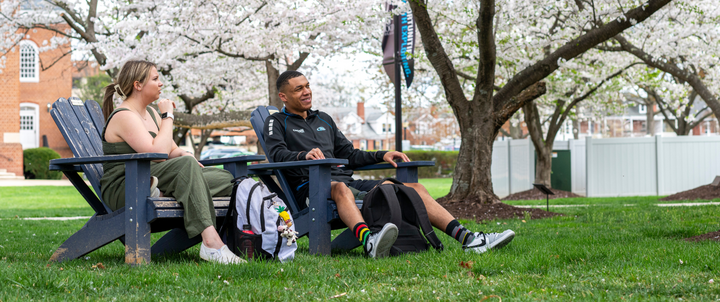 Two students sitting in Adirondack chairs in spring