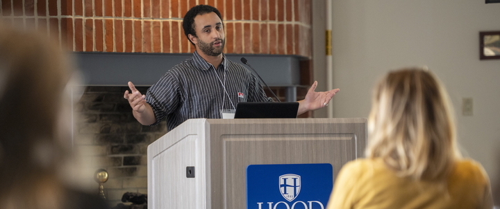 A Hood student presenting at the Pitch Competition.