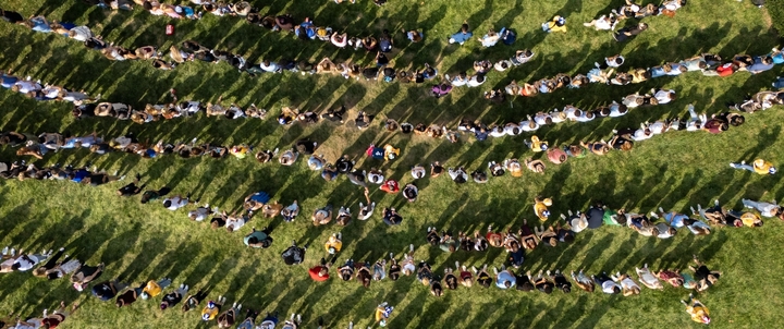 An aerial photo of Hood students standing in the Hodson Outdoor Theater