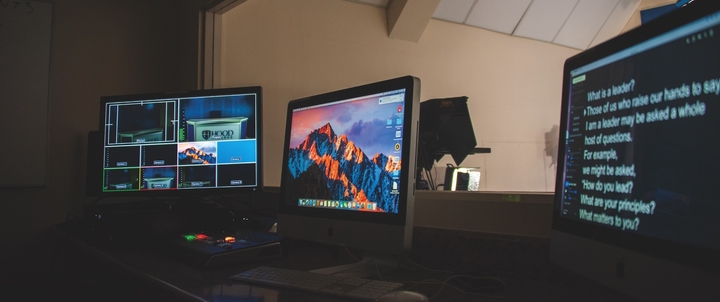 Computer monitors in the broadcast studio.