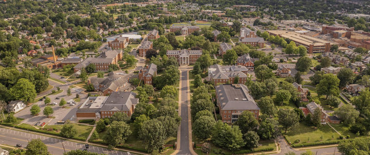 An aerial photograph of Hood's Campus with Alumnae Hall in the center of the frame