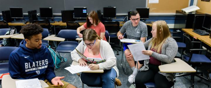 Students in working group in class